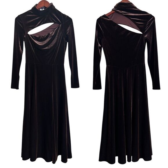 Rene Ruiz Collection Chocolate Brown Velvet Cut Out Midi Dress Long Sleeve Sz. 6 - Picture 3 of 13